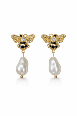 Çelik Üzeri Altın Kaplama Arı Figürlü İncili Kadın Küpe