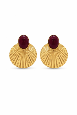 Pirinç Üzeri Altın Kaplama Bordo Doğaltaş Detaylı Kadın Küpe