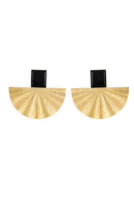 Pirinç Üzeri Altın Kaplama Siyah Doğaltaş Yelpaze Form Kadın Küpe