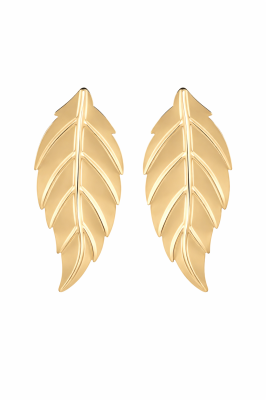 Pirinç Üzeri Altın Kaplama Yaprak Form Kadın Küpe